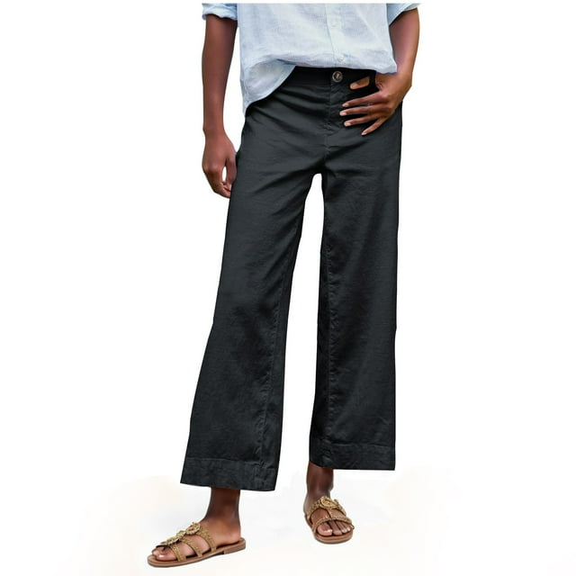 Timegard Cropped Pants for Women Button High Waist Wide Leg Pants Casual Solid Color Loose Trousers