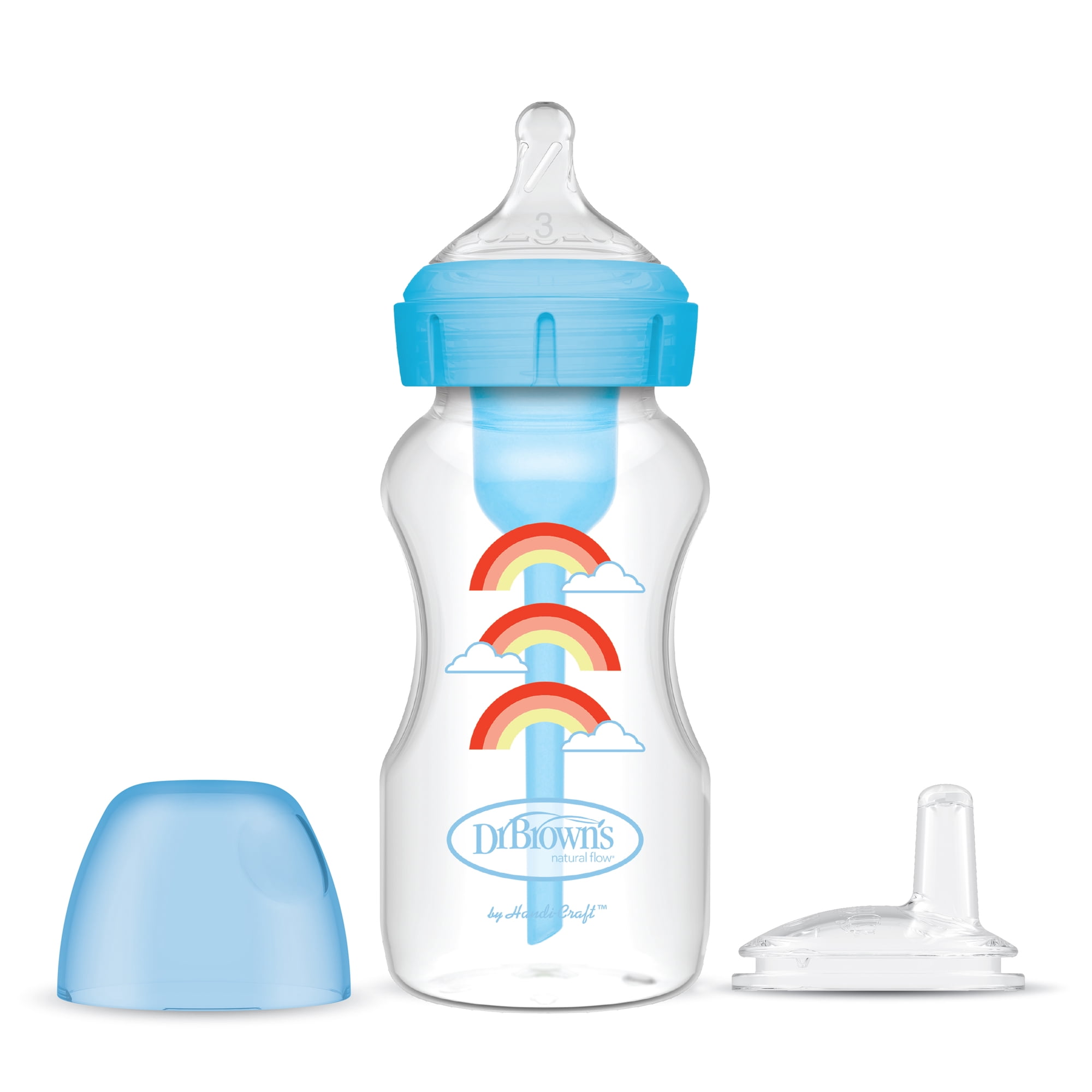 Dr. Brown's Anti-Colic Options+ Wide-Neck Sippy Bottle Starter Kit, 9oz/270ml, Blue, BPA Free, 6m+