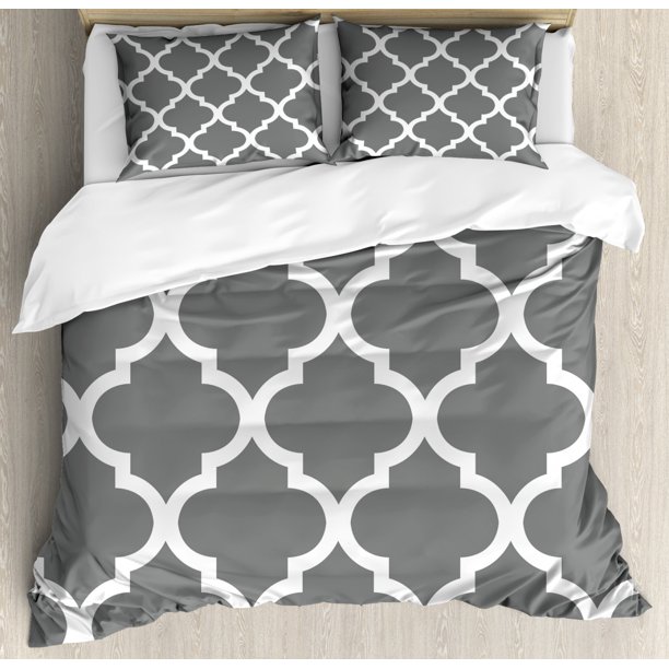 Grey and White Duvet Cover Set Queen Size, Damask Geometric Ornamental