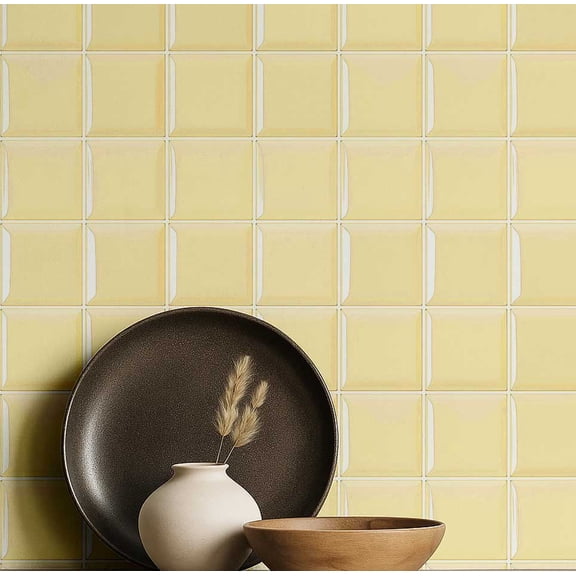 S4Sassy Tile Squares Wallpaper - Yellow Wall Covering, 25" X 360" Self-Adhesive Textured Vinyl Wall Paper, Walls Wrap, Neutral Wallpaper For Dining, Hallway, Home Decor