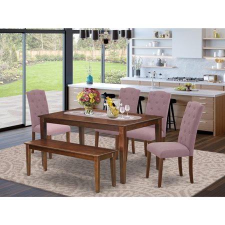 HomeStock Boldly Bohemian 6Pc Dining Set Includes A Rectangle Dinette Table And Four Parson Chairs With Dahlia Fabric And A Bench Mahogany Finish