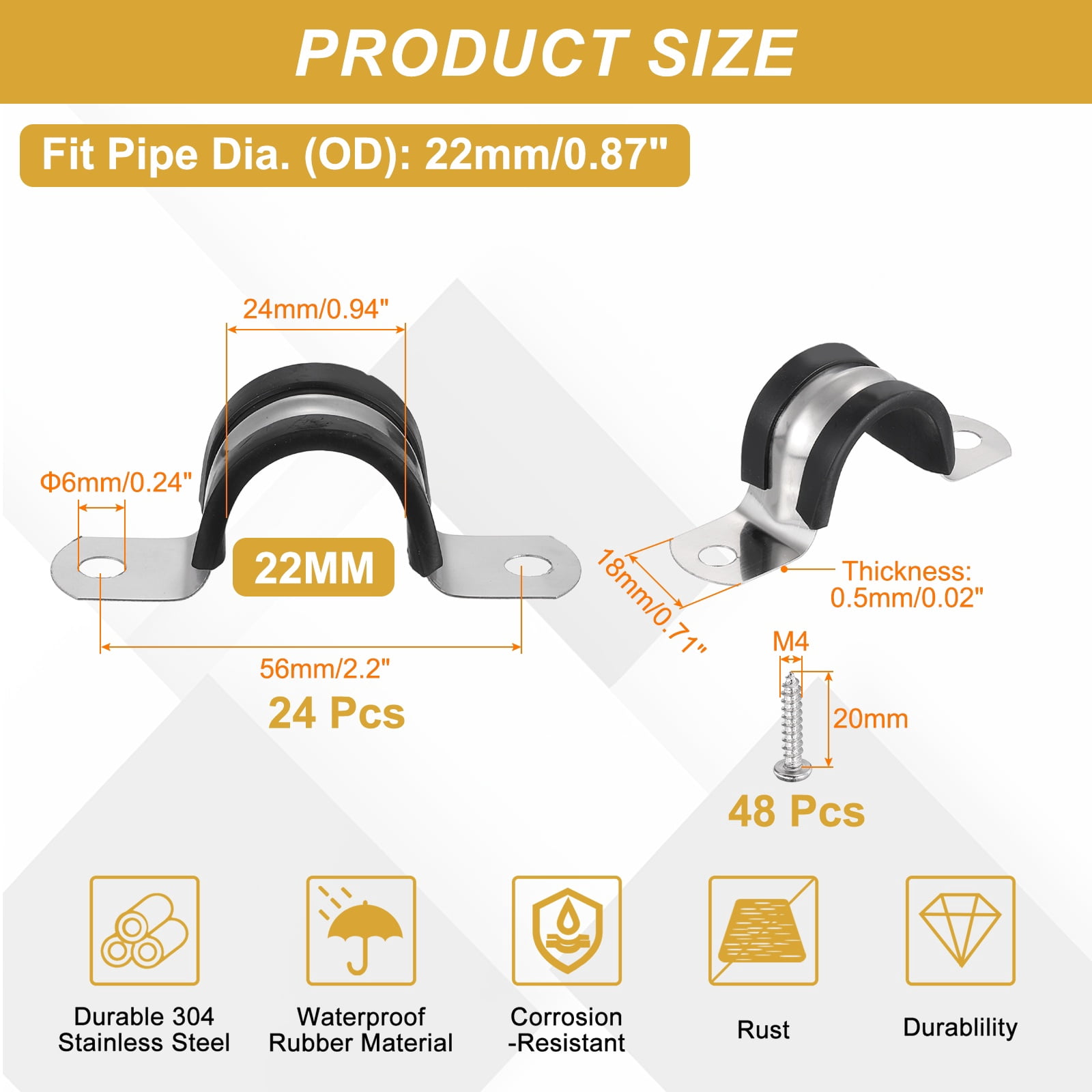 Uxcell 24Pcs 22mm(7/8") Cable Clamp, 304 Stainless Steel Rubber Coated Cushion Insulated Cable Clamps U Holder Pipe Strap with M4x20mm Screws for Tube Hose Wire Installation, Black