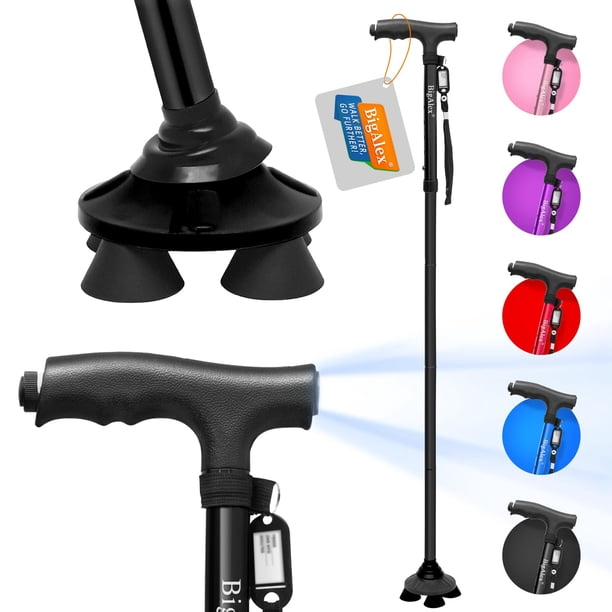 Bastón plegable BigAlex con luz LED, base cuádruple pivotante, ajustable y bolsa de transporte para hombre y mujer.
