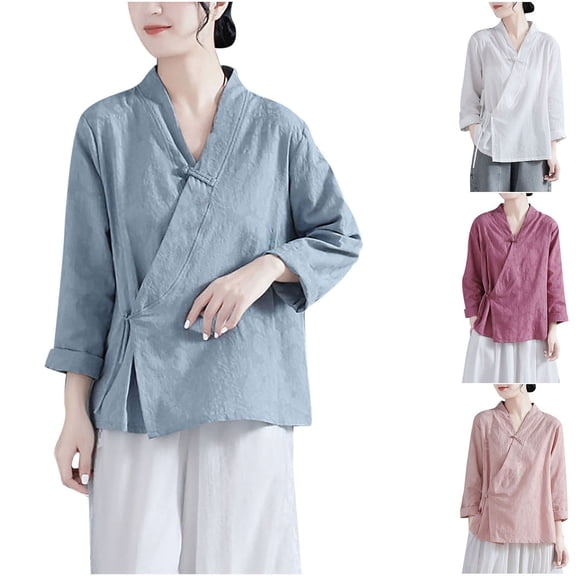 Antinious Blouses for Women Dressy Casual Linen Mandarin Collar Button Pullover Shirt,Fall Winter Going Out Tops for Women,Sweatshirt for Women,Pink,XXL