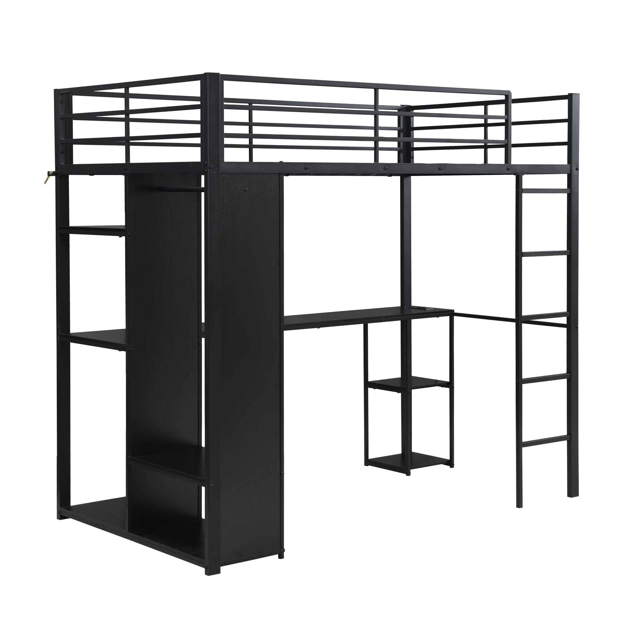 Leumius Twin Metal Loft Bed with Length Desk & Open Storage Cabinet, Multi-function Space Maximizing High Loft Bed for College Dorm Youth Room Apartment Guest