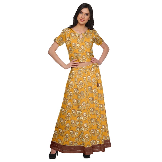 Moomaya Printed Cold Shoulder Cotton Crop Top Skirt Set Party Wear Ethnic Set