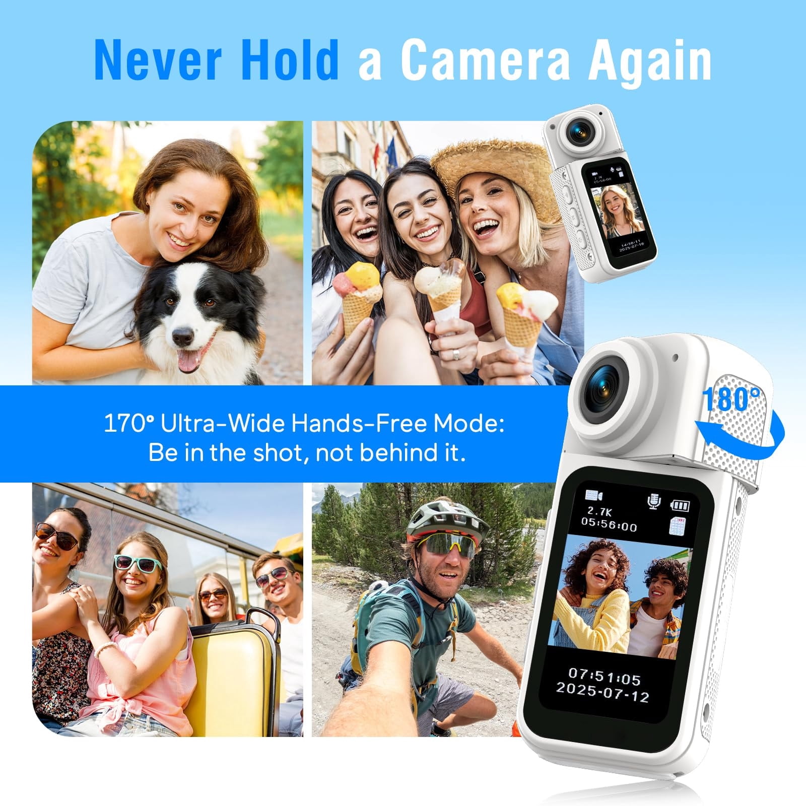 64G Mini Body Camera, Wearable Action Body Cam with 180° Rotating Lens Audio & Video- Thumb Hands Free Waterproof Recording Wearable Cameras - for Work Travel Pet Walk Swim(White)