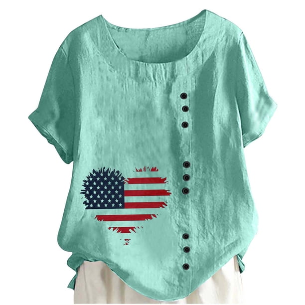Camiseta Casual de Manga Corta con Botón de Cuello Redondo de las Mujeres, Tops Cortos para las Mujeres