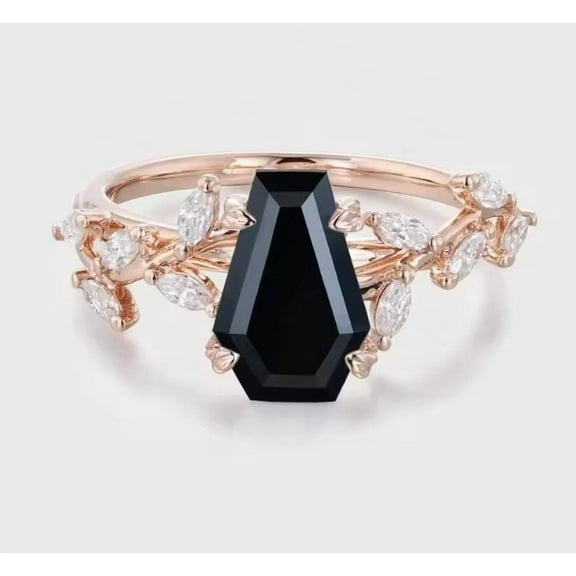 Coffin Cut Lab-Created Black Onyx & Diamond Engagement Ring in 925 Sterling Silver – Unique Wedding Engagement Ring, Perfect Bride Gift Fine Jewelry