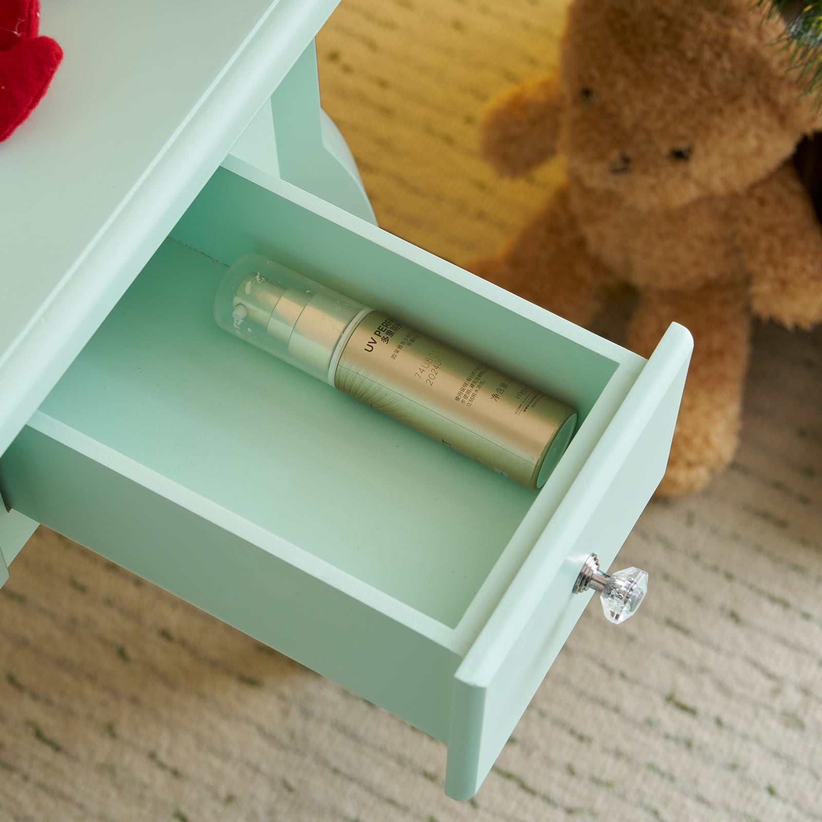 PAPROOS Kids Vanity Set with Mirror and Stool, Wood Pretend Play Princess Makeup Dressing Table with 3 Color LED-Light and 5 Storage Drawers, Girls Small Vanity for Little Girls, Macaroon Green