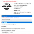 thumbnail image 2 of Front Brake Pad Set - Compatible with 2015 - 2021 Volkswagen Golf 2016 2017 2018 2019 2020, 2 of 2