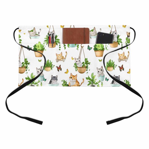 Cute Cat Kitchen Restaurant Half Waist Apron, Butterfly Green Plant Server Short Apron with 3 Pockets Waterproof Oil Waist Aprons for Women Waitress Waiter