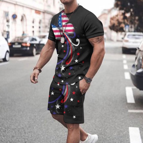 Styesk Mens Outfits 2 Piece Men's 3D Unlimited Independent Day Printing Set With Round Neck Short Sleeve T-shirt Elastic Waist Shorts Casual Sports Holiday Top Shorts Two Piece Set