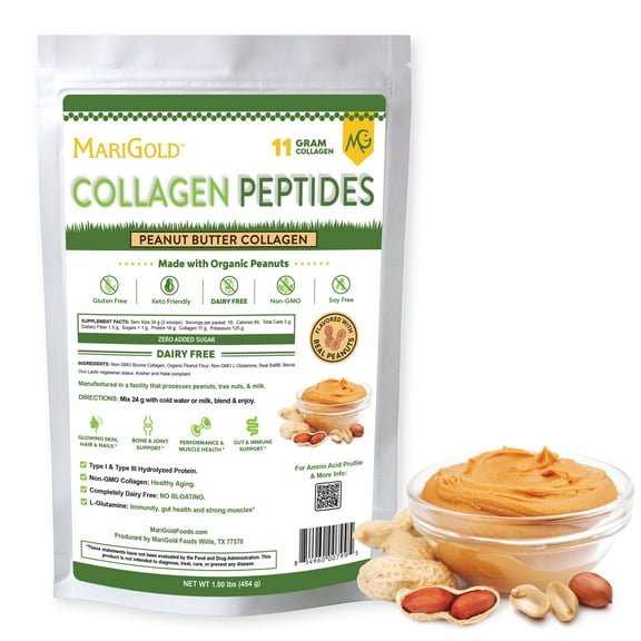 MariGold Collagen Peptides Powder - Peanut Butter 1LB, Type I & III, Non-GMO, rBST Free, Dairy Free