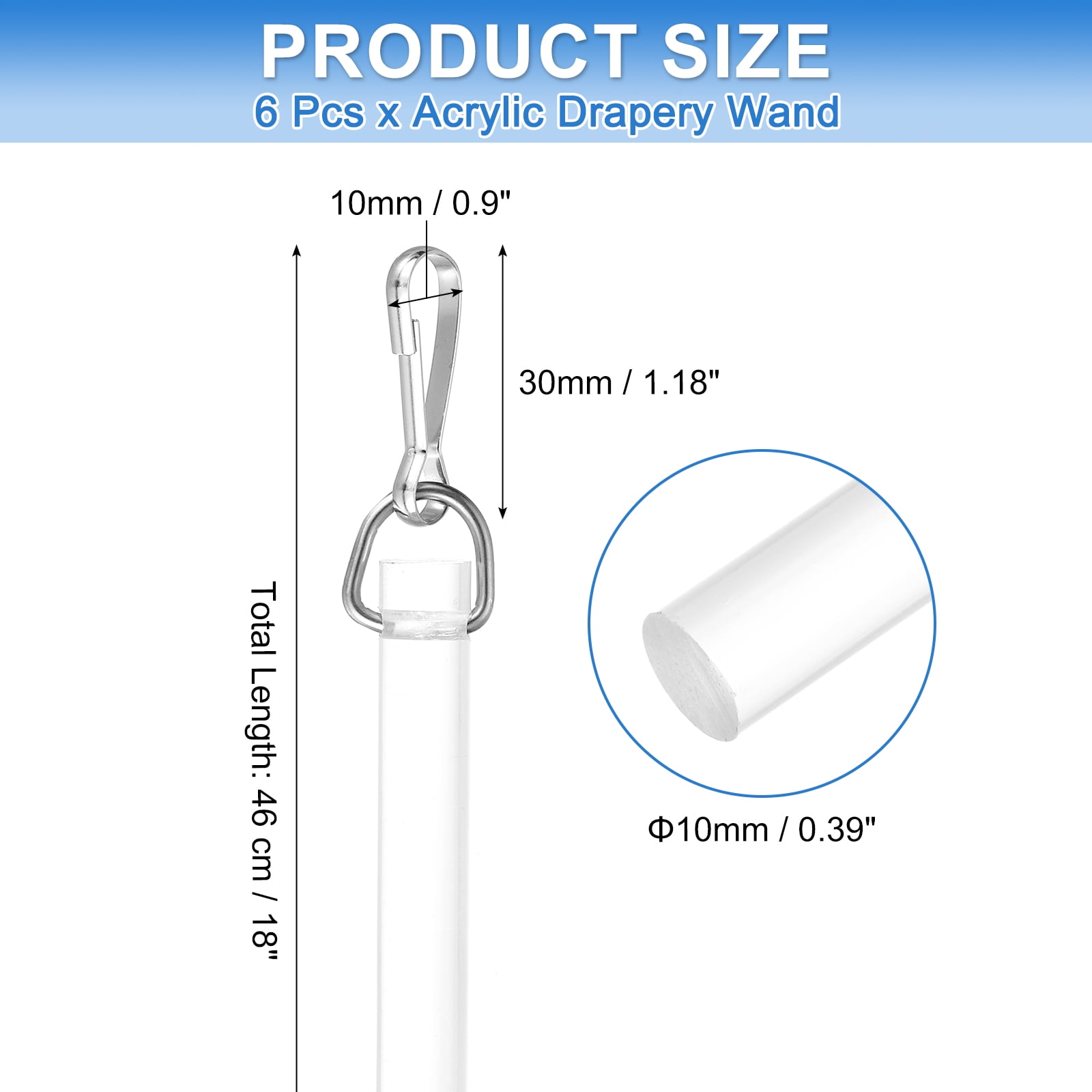 6 Pack 17" Acrylic Drapery Wand, Invisible Curtain Pull Rod with Hook, Universal Tilt Wand Replacement Part for High Hanging Curtain Opening-Closing, Clear