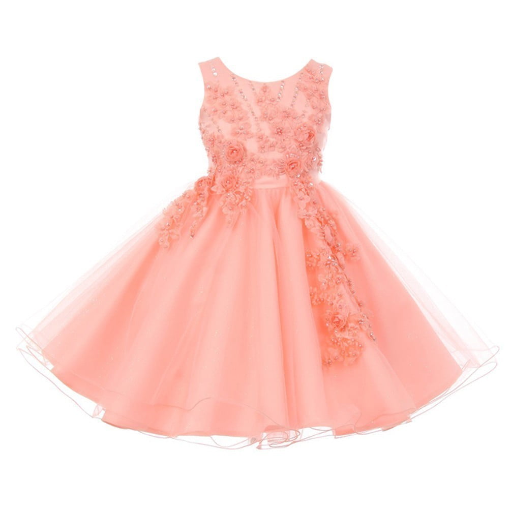 Cinderella Couture Girls Peach Pearl Beaded Glitter Tulle Junior