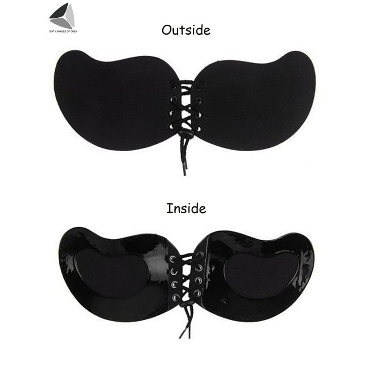 PULLIMORE 2 Pairs Women's Push Up Invisible Bras Breathable Self-Adhesive  Backless Bras Drawstring Chest Stickers (Cup D, Black+Skin) 