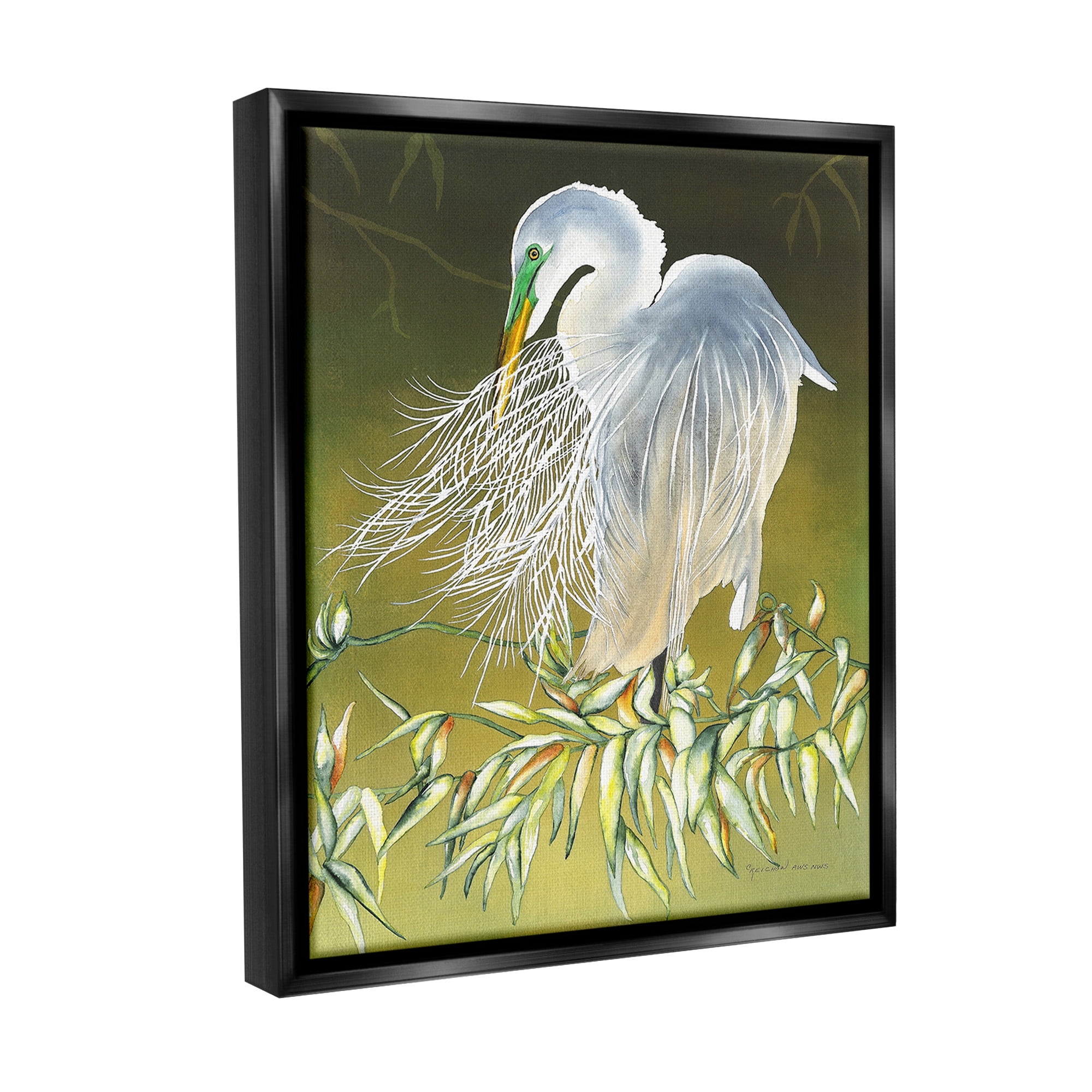Stupell Industries Elegant Egret Bird Animals & Insects Painting Black Floater Framed Canvas Art Print Wall Art, 25 x 31