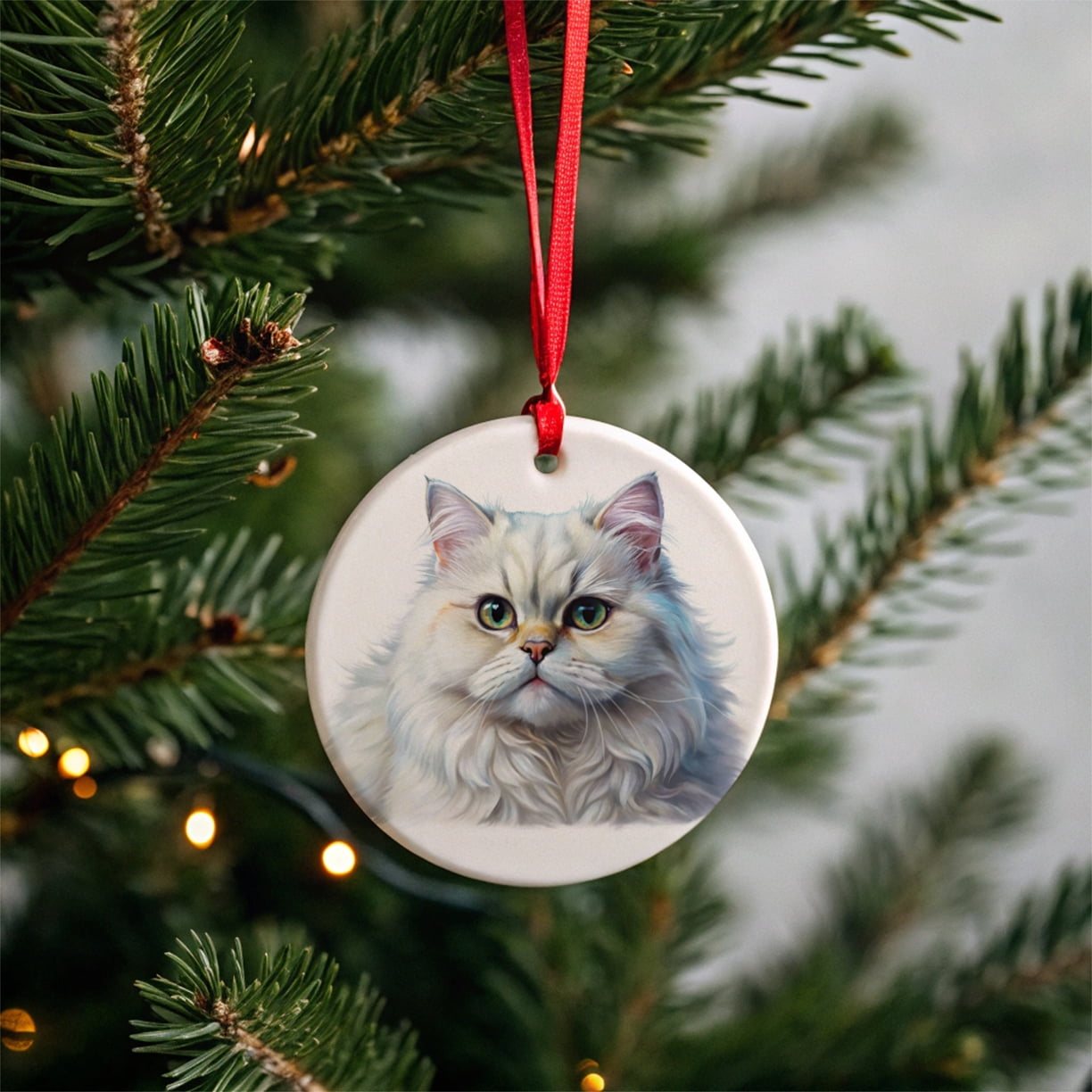 Classic Persian White Cat Illustration Christmas Tree Holiday Round Ceramic Ornament