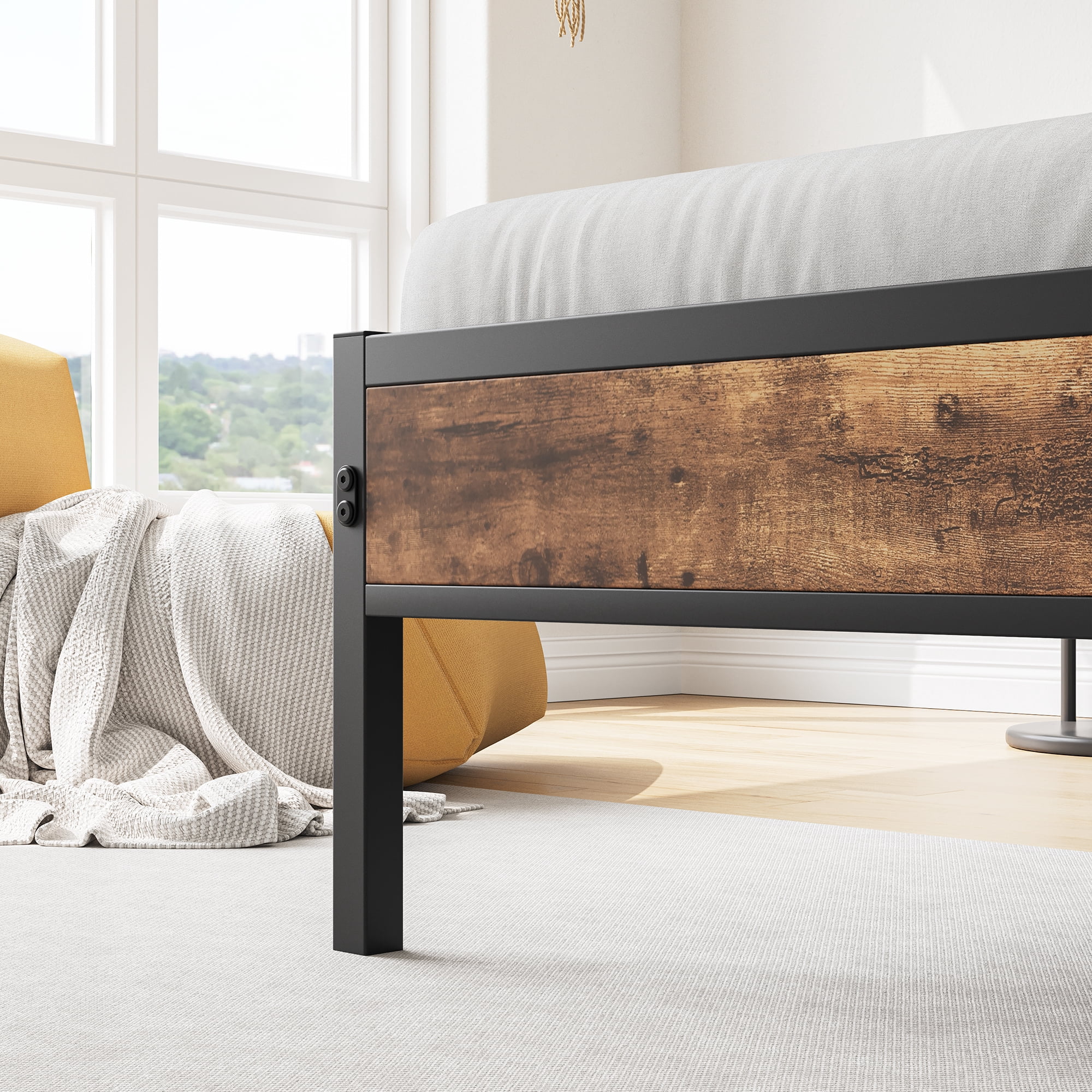 Twin Size Bed Frame, Storage Headboard with Charging Station, Solid and Stable, No Box Spring Needed