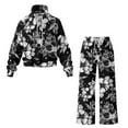 thumbnail image 4 of SCRAWLGOD Floral Leaf Print White Black Women's 2 Piece Lounge Set Travel Casual Outfits Tracksuit Comfy Turtleneck Sweatshirt Wide Leg Loungewear Baggy Comfy Sweatsuit, L, 4 of 7