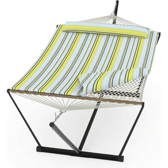 Portable Hammock with Stand & Carry Bag, Heavy Duty 450Lb Capacity, Quilted Polyester & Net Design, for Indoor & Outdoor Use, Light blue & Green Stripes