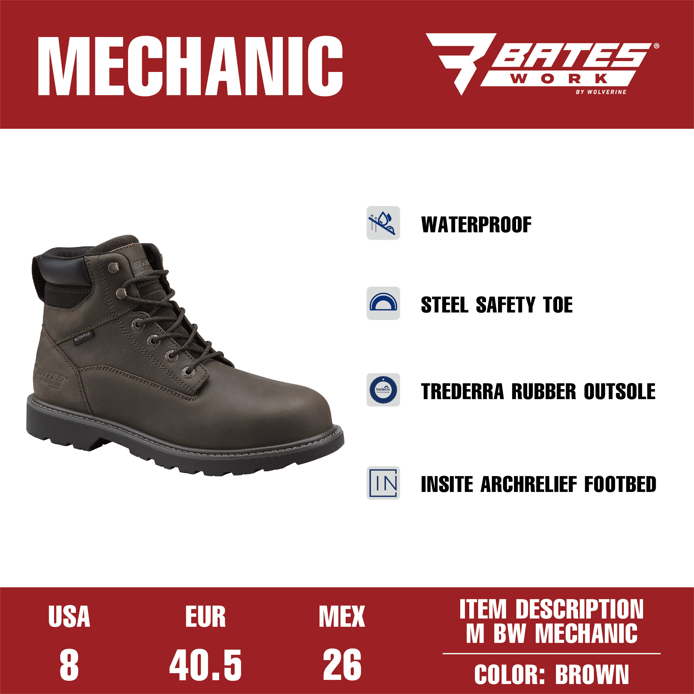 Bates Work by Wolverine Men's Mechanic Waterproof Steel Toe Work Boot