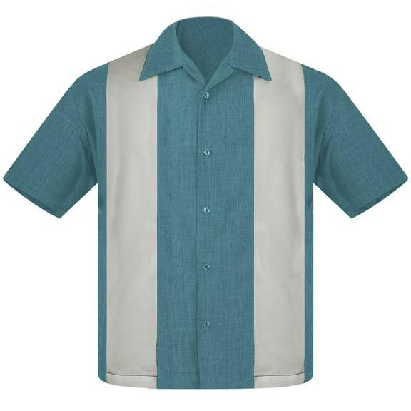 Steady Clothing Men's Pop-Check Double Panel Bowling Shirt Sea Foam Stone Small