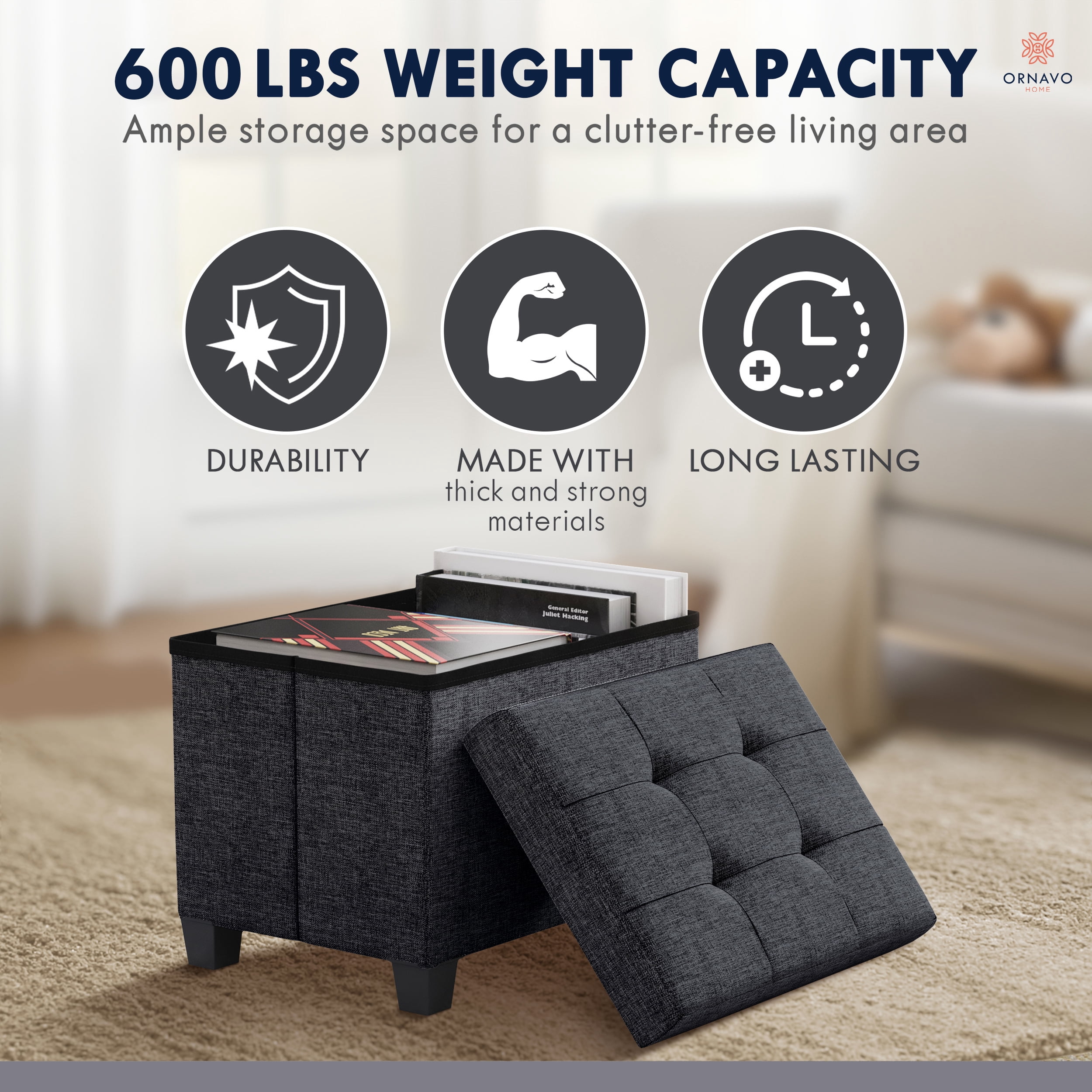 Ornavo Home Storage Ottoman Small Rectangle Ottoman with Legs, Foot Rest Stool Seat, Load up to 600 LB, for Living Room, Bedroom, Home Office, Dorm - 12 x 16 x 12, Black
