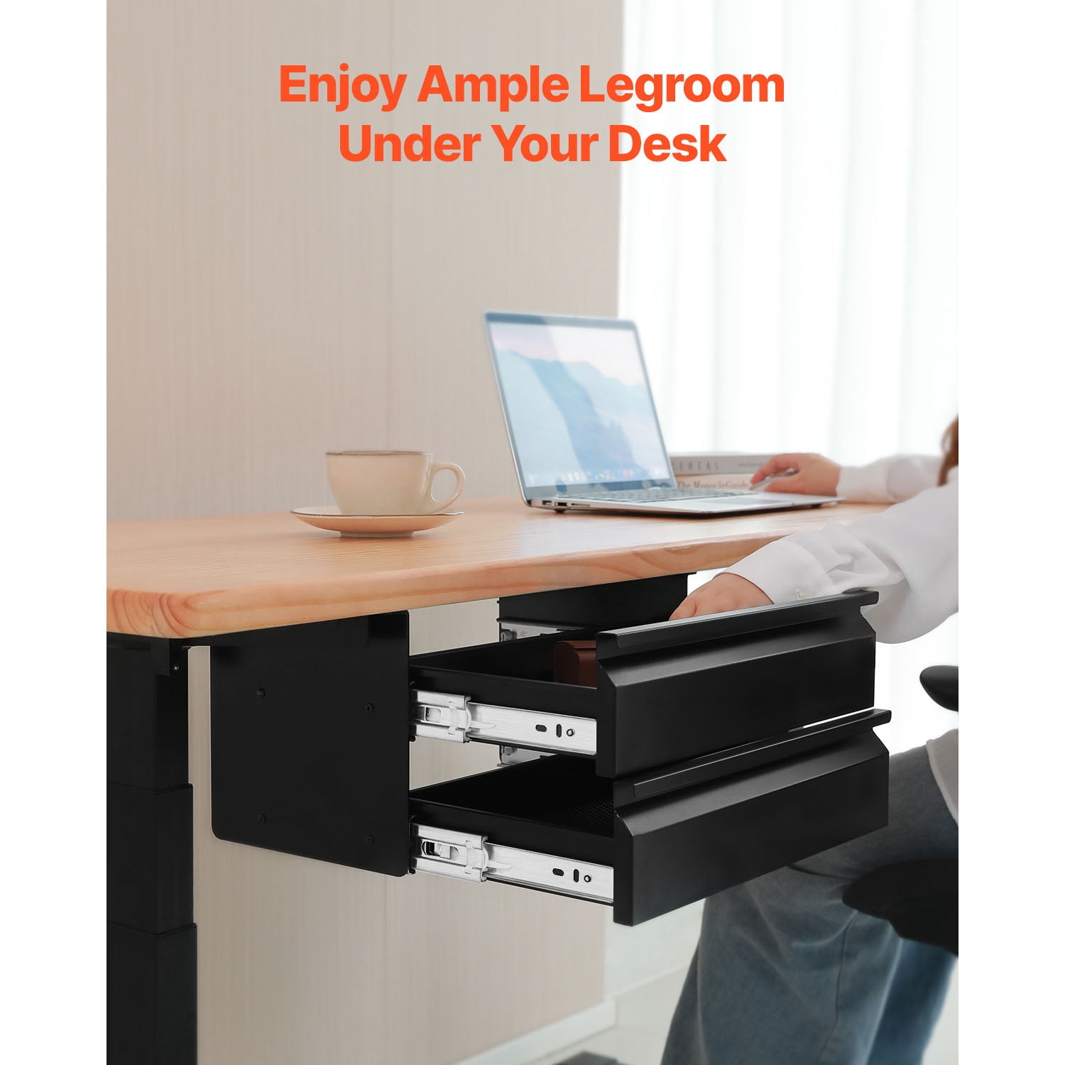 KFFKFF 16" Broad Under Table Drawer, Pull-out Attachment Beneath Desk, Concealed Dual Layer Desktop Organizer, Smooth Ball-bearing Movement, Undermount Stationery Drawer