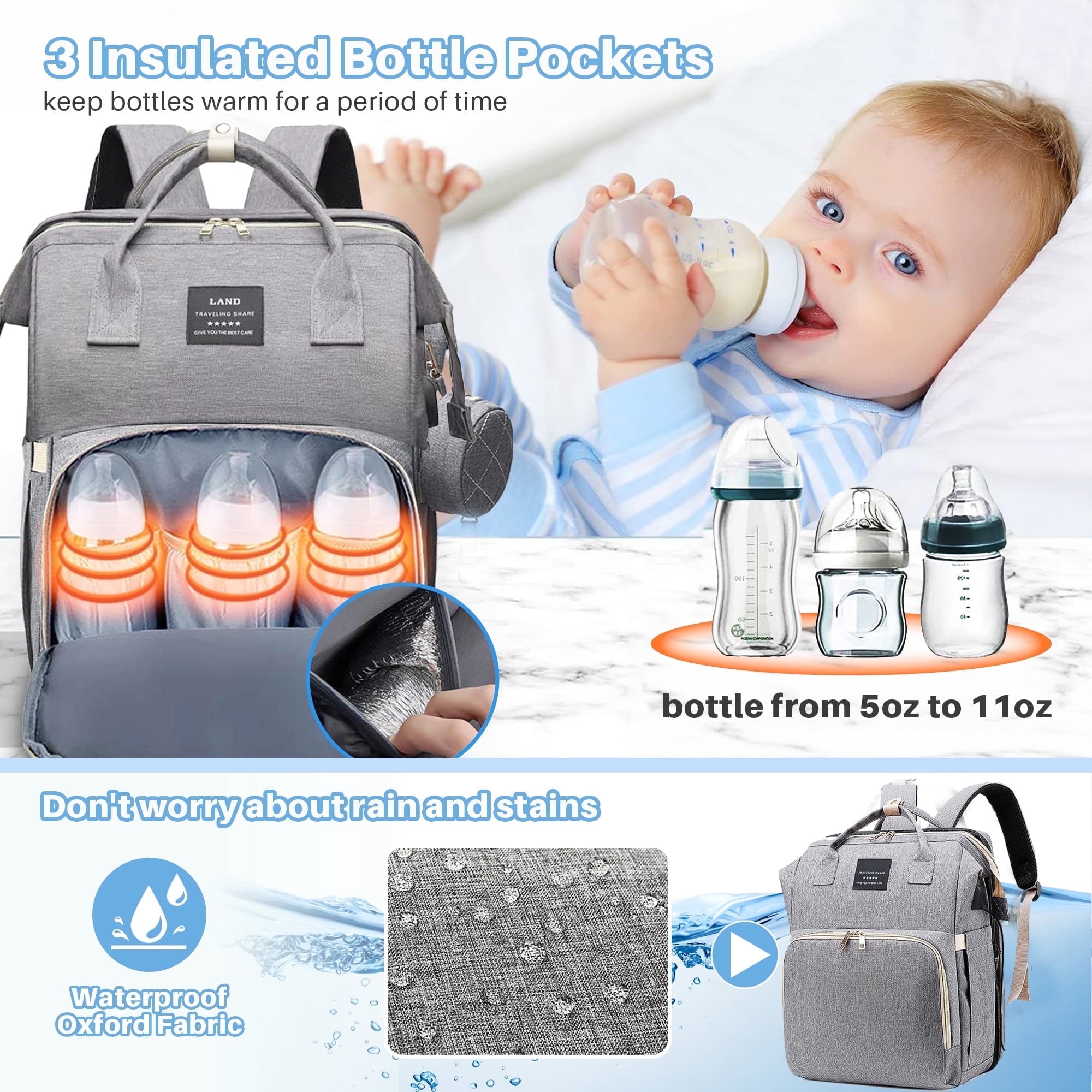 Diaper Bag Backpack,AILKIN Large Capacity Baby Bag Travel Backpack with 3 Insulated Milk Bottle Pockets Stroller Straps,Baby Shower Gifts Travel Large Diaper Bag Backpack for Women,Gray