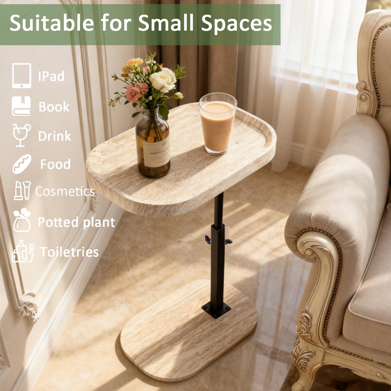 LPAMEOIU Adjustable-Height End Table with 360°Swivel Tabletop,C Shaped Side Table for Home/Office(White Grain)