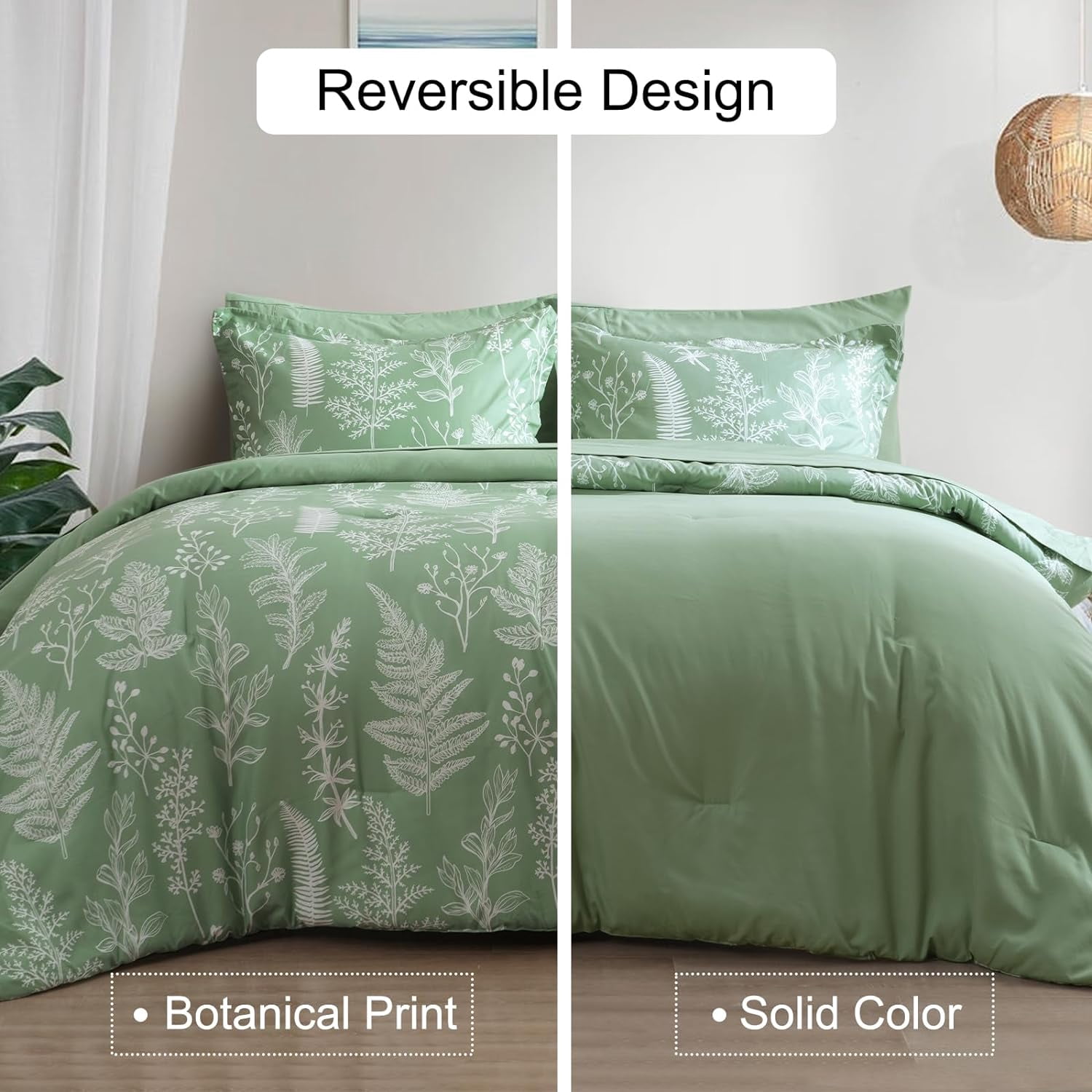 PHF 5 Pieces Printed Twin Comforter Set, Lightweight Reversible Botanical Bedding Set Include Comforter, Pillow Sham, Flat Sheet, Fitted Sheet and Pillowcase, Sage Green