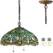 CXIAN Tiffany Pendant Light Fixture Sea Blue Stained Glass Dragonfly Hanging Lamp Wide 16 Inch, Height 40 Inch S147 Series