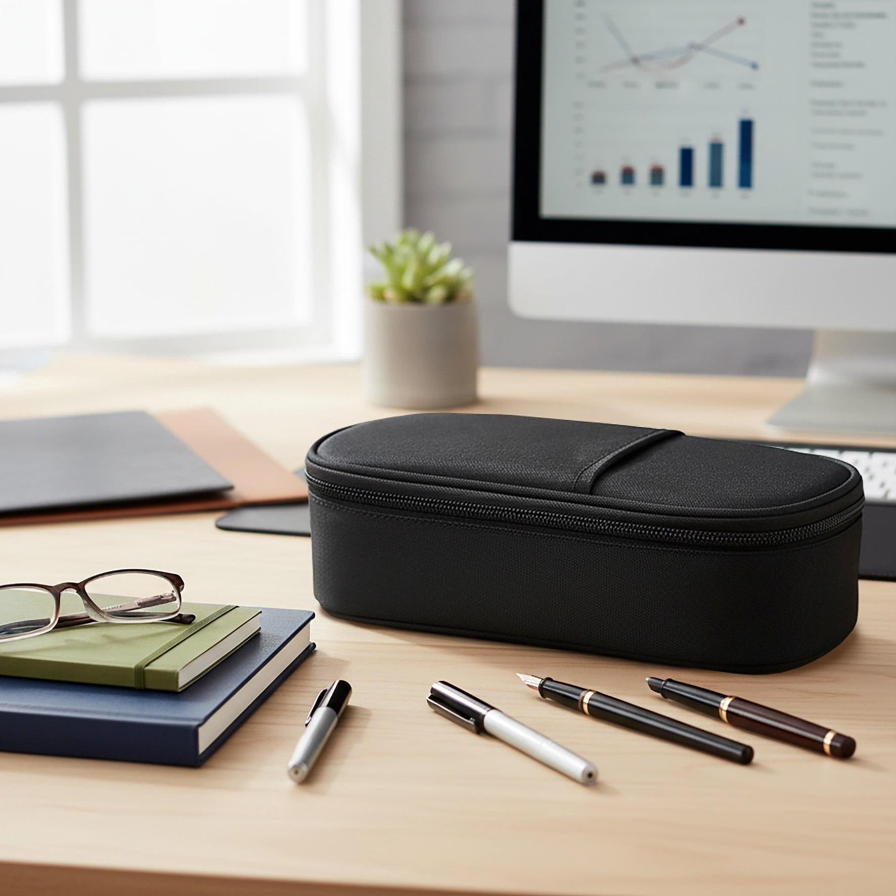 Pen+Gear Sporty Oblong Pencil Pouch with Slip Pocket, Black Polyester, College and High School