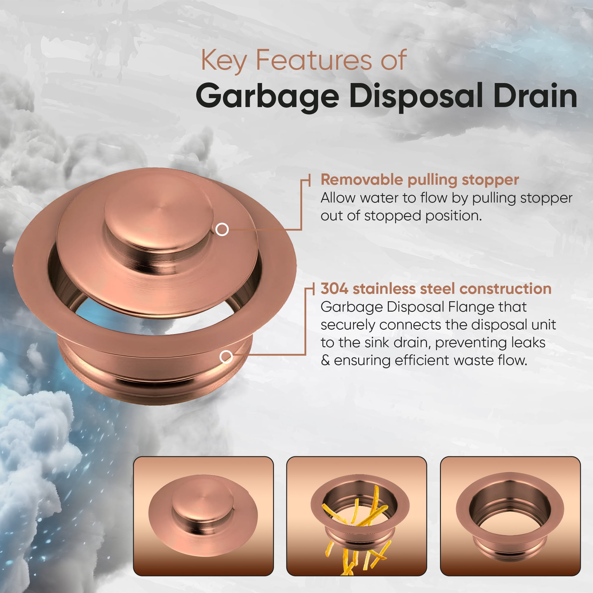 Strictly Sinks Garbage Disposal Flange & Stopper - Stainless Steel Garbage Disposal Drain for 3-1/2 Inch Standard Sink Drain Hole - Anti-Clog Kitchen Sink Drain with Garbage Disposal Stopper Copper