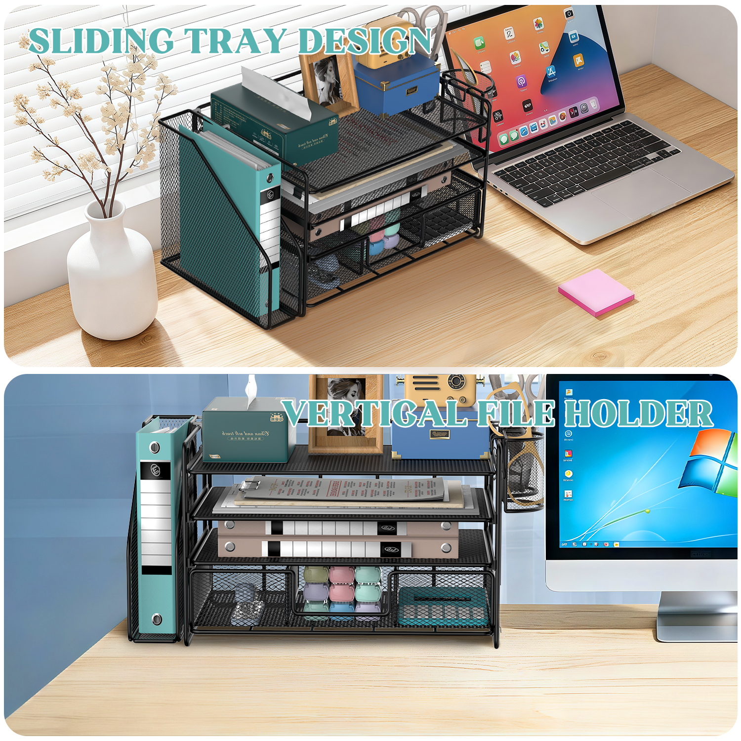 Desk Organizer and Accessories, 4-Tier Desktop File Organizer with Drawer and 2 Pen Holders, Office Desk Accessories & Workspace Organizers (Black)