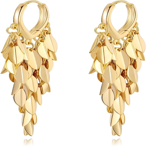 DESIGNICE 18K Gold Plated Leaf Hoop Earrings for Women,Long Tassel Dangle Drop Earrings,Chunky Gold Chandelier Earrings