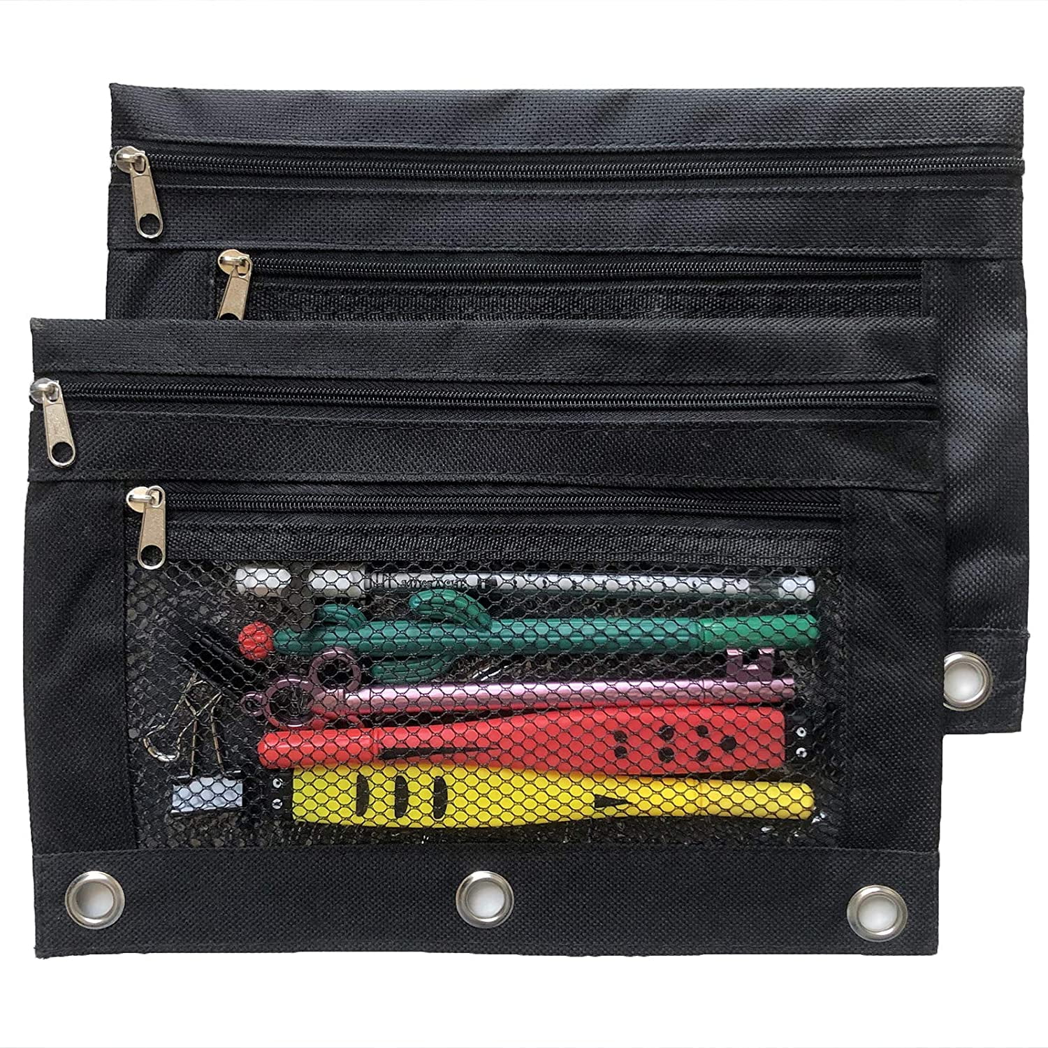 Pencil Pouch 3 Ring Binder Pouch Zippered Pencil Case Canvas Pencil Bag with 2 Compartments (Black, Set of 2)