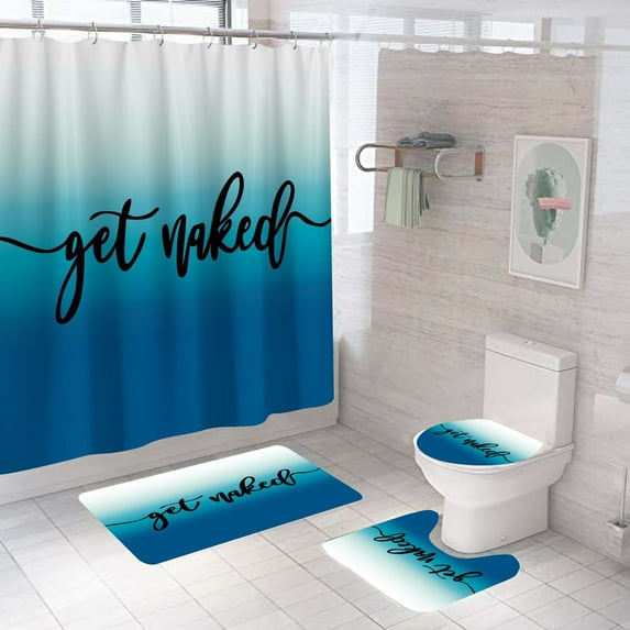 4Pcs Shower Curtain Sets, Blue Ombre Get Naked Bathroom Sets with Waterproof Shower Curtain Rugs and Accessories, Rug Toilet Lid Cover and Non-Slip U Shape Mat with 12 Hooks, 71" x 71"