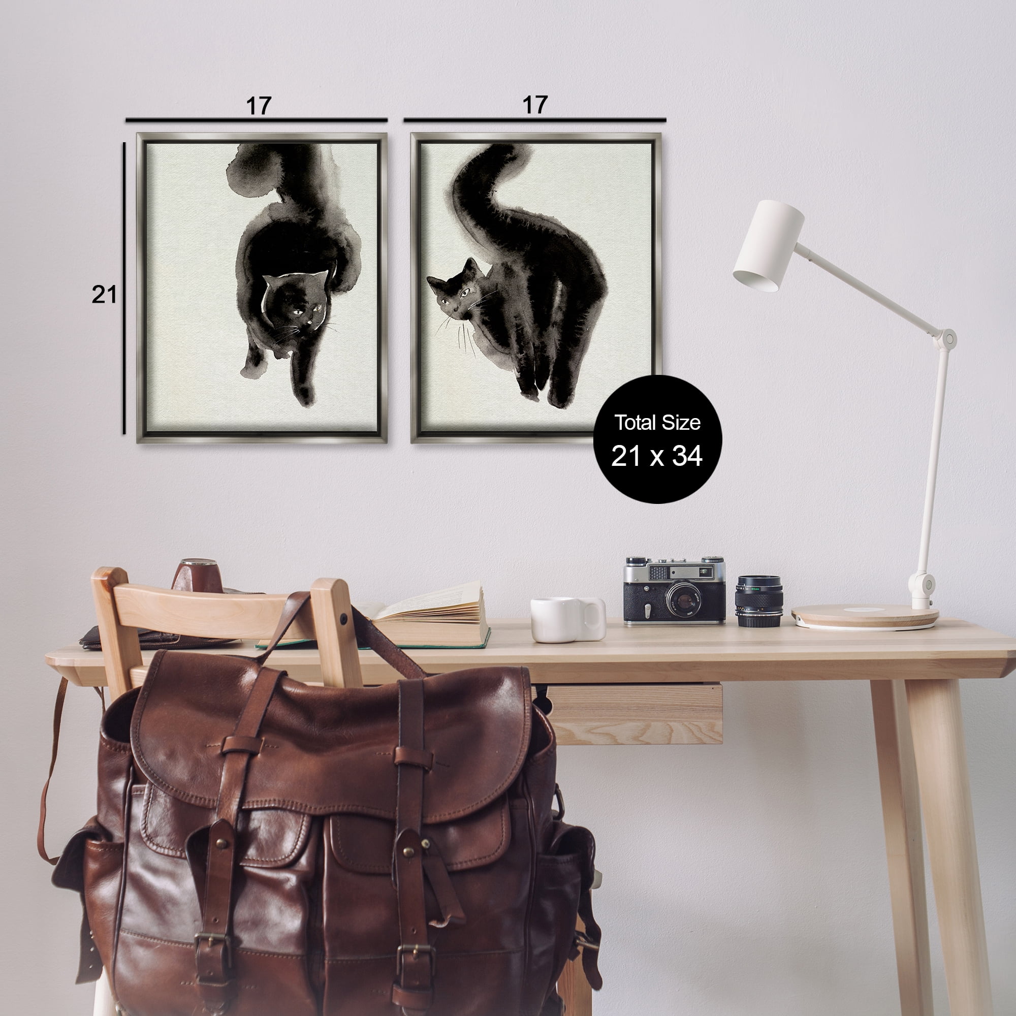 Stupell Industries Minimal Black Cats Animals Painting Gray Floater Framed Canvas Art Print Wall Art, 17 x 21, Set of 2