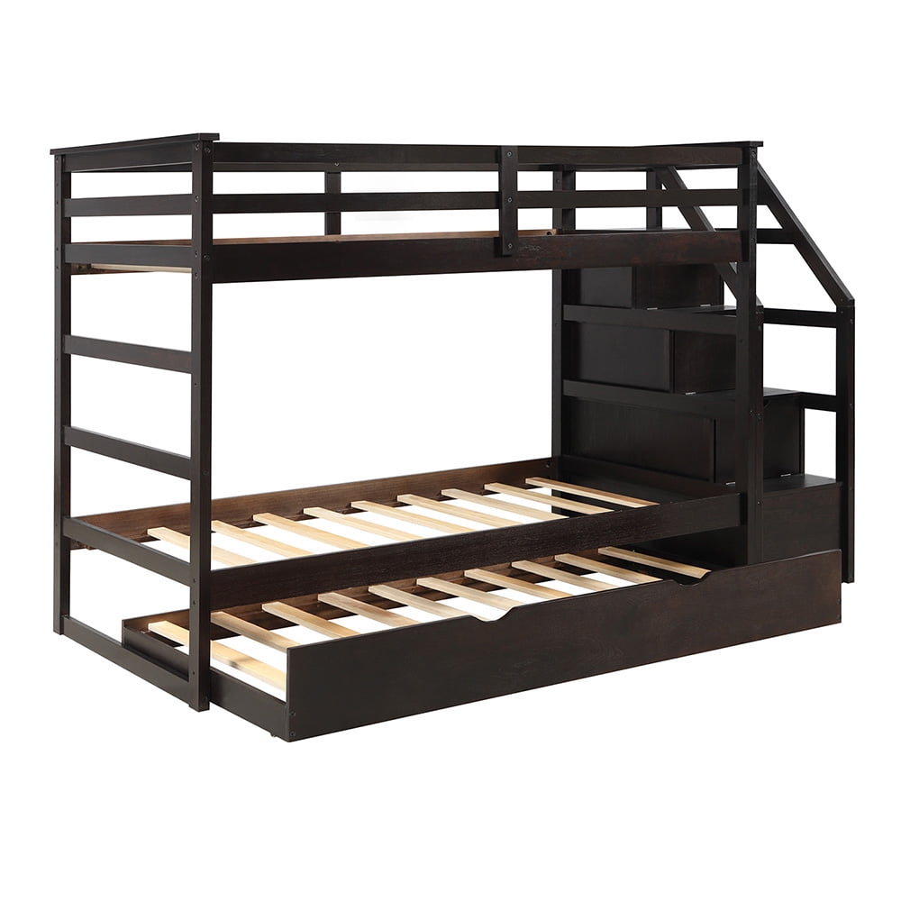 Twin-Over-Twin Bunk Bedd with Twin Size Trundle and 3 Storage Stairs-Espresso