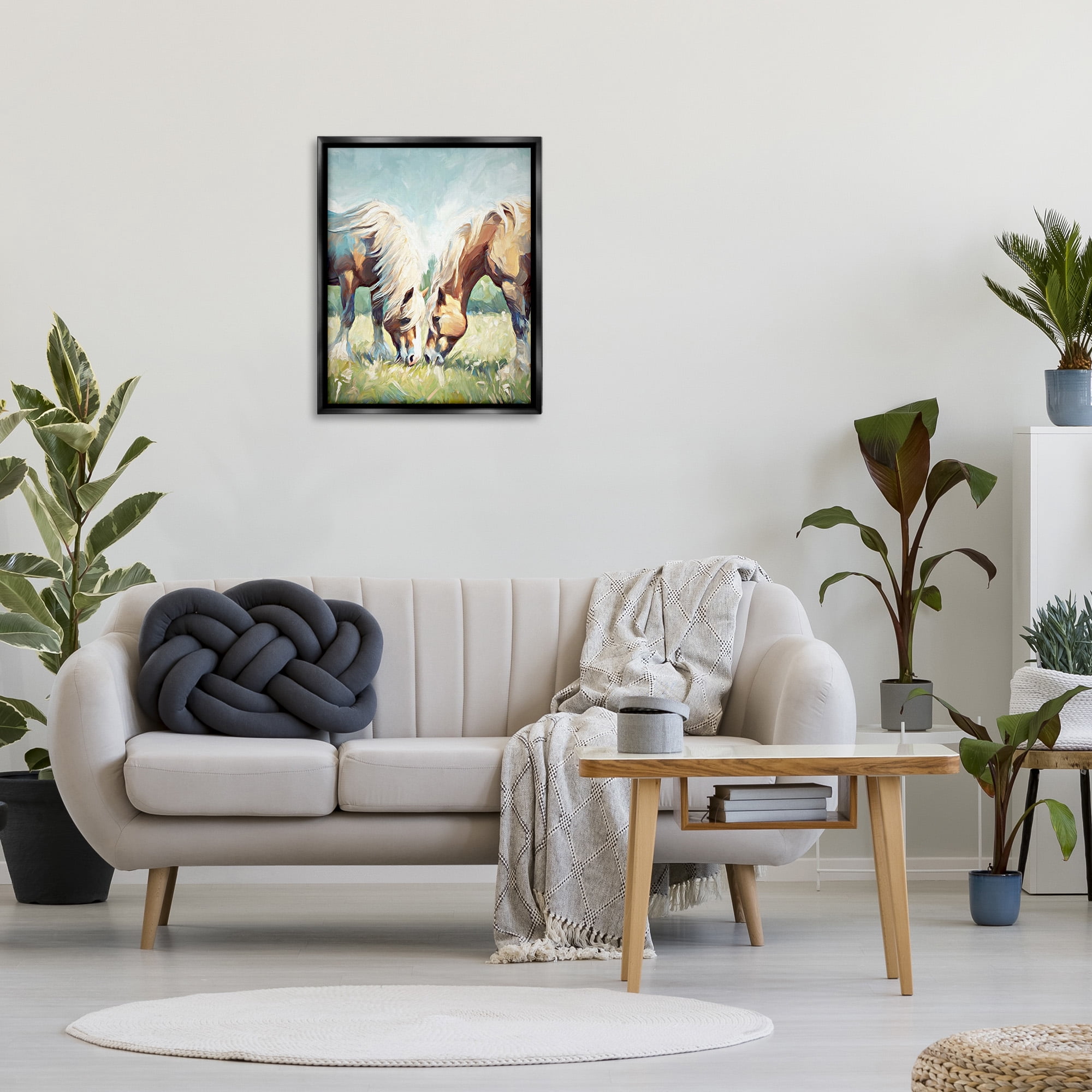 Stupell Industries Country Horses Grazing Animals & Insects Painting Black Floater Framed Canvas Art Print Wall Art, 25 x 31