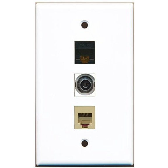 RiteAV - 1 Port Phone RJ11 RJ12 Beige and 1 Port 3.5mm and 1 Port Cat6 Ethernet Black Wall Plate