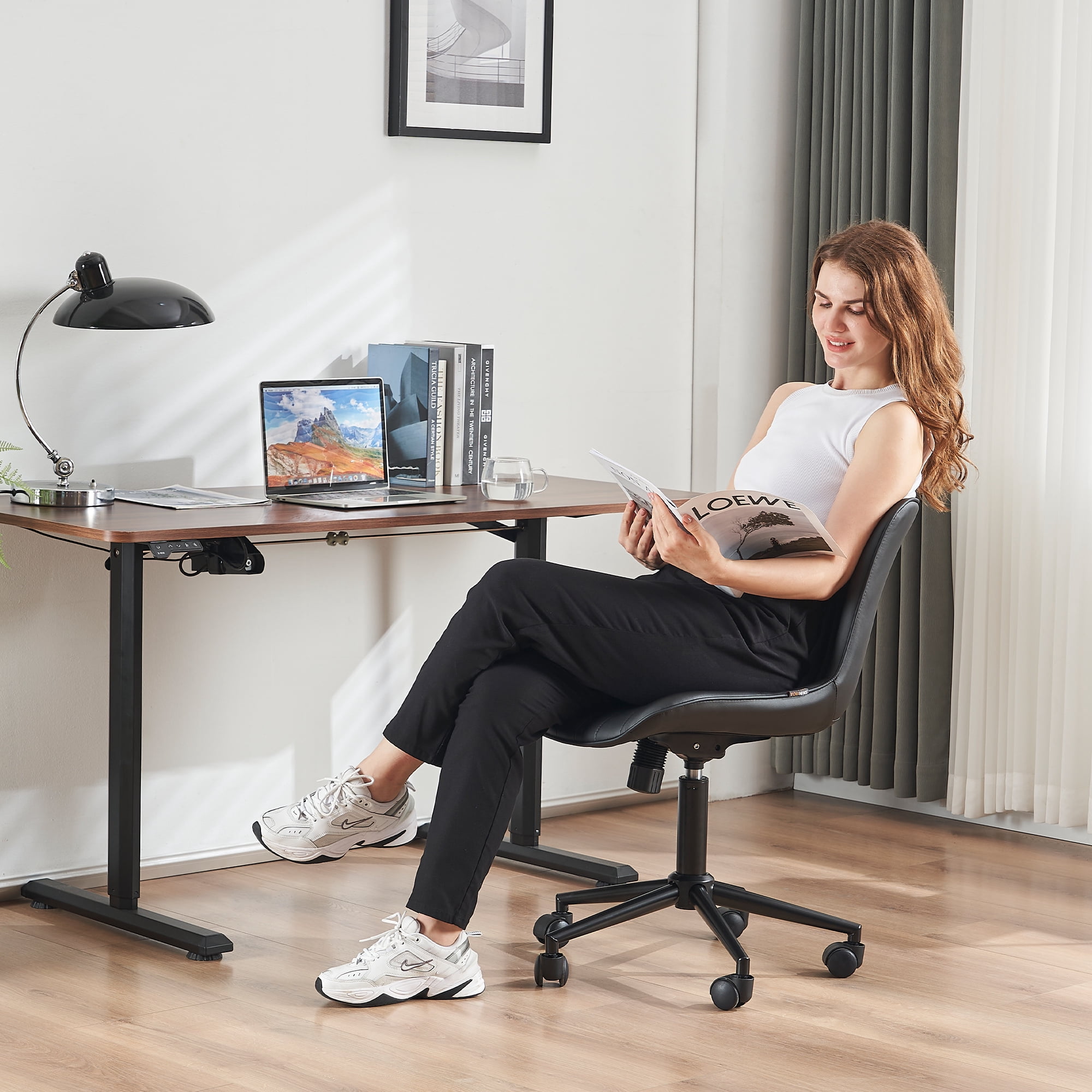 YOUNIKE Cute Armless Office Desk Chair Modern Upholstered Faux Leather Swivel Task Chair, Black