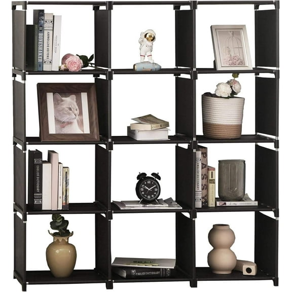 Bookshelves, Assembled Storage Rack, Bedroom Living Room Vertical Cabinet Bookshelf, Double Row 12-Grid Multi-Functional Storage Equipment (Black)