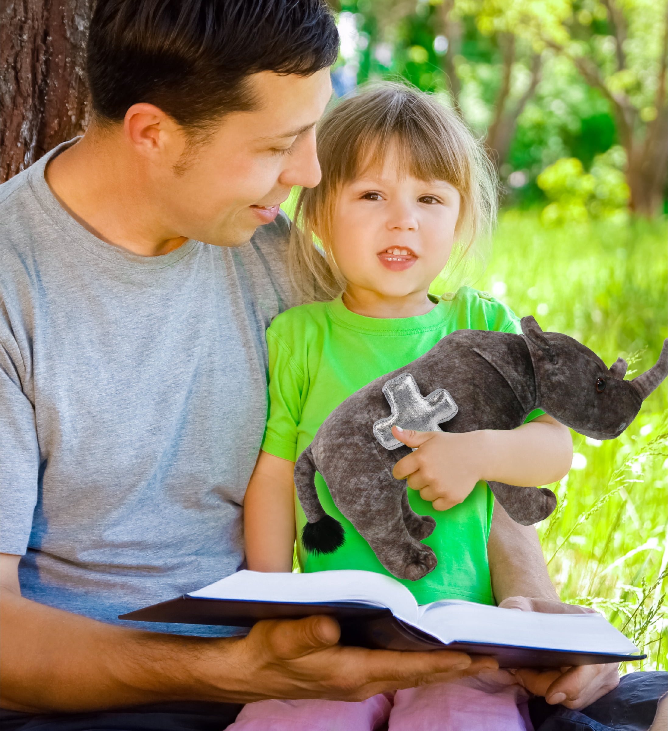 DolliBu Wild Collection Rhino Stuffed Animal with Silver Cross Plush - Baptism Gifts for Boys and Girls, Dedication Christening Gifts Plush Prayer Toy Healing Stuffed Animal - 15 Inches