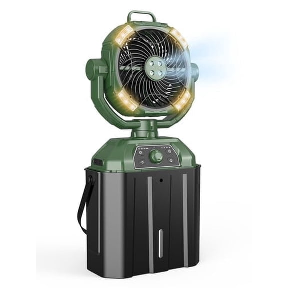 Outdoor Misting Fan Portable Rechargeable w/Remote Control 3 LED Light 6L Bucket & Timer