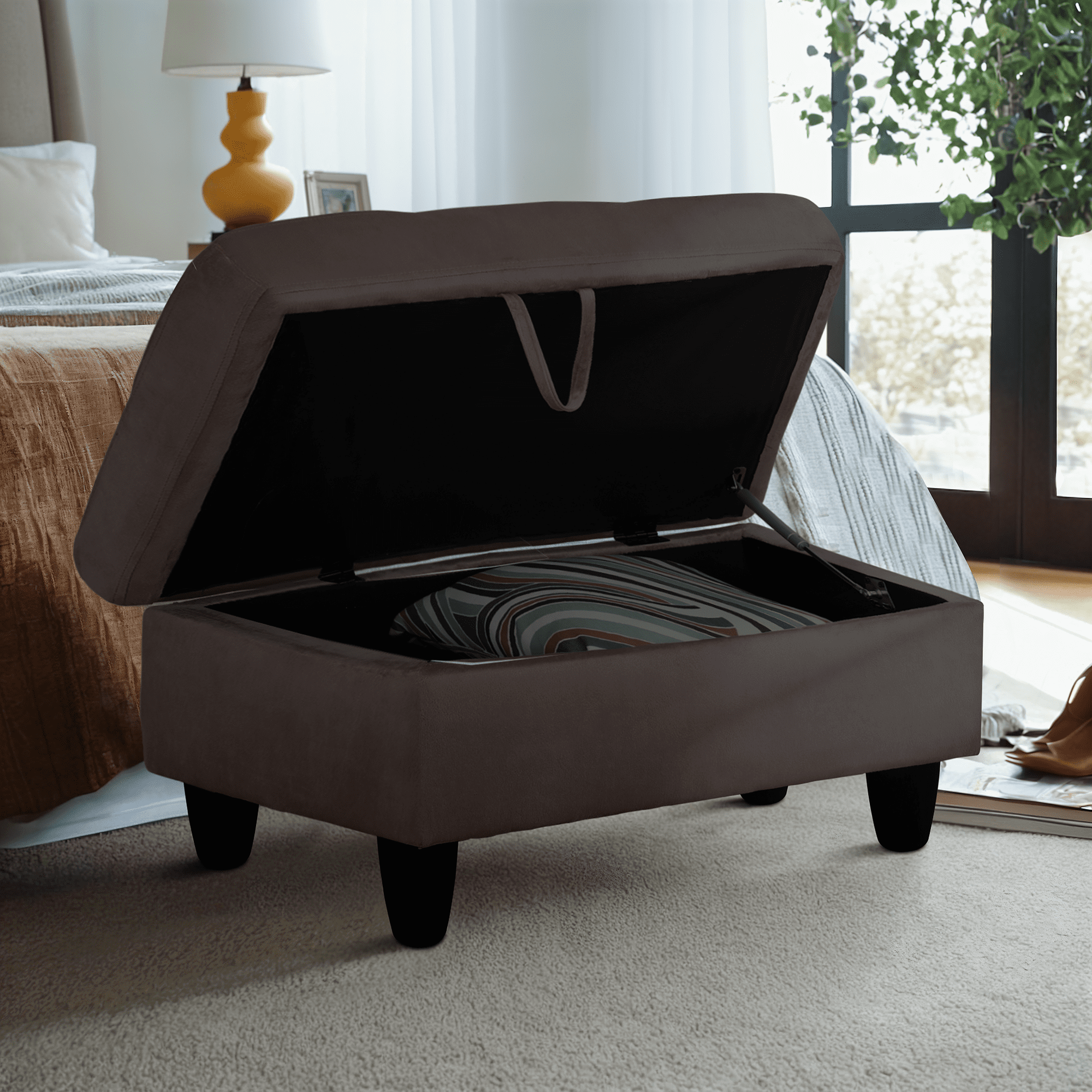 WRTEYEUI Ottoman Rectangular Storage Ottoman Bench, Flannel Footrest Stool Footstool with Lid for Living Room, Bedroom, Entryway, Dark Coffee, 28.5"x19"x17.5"