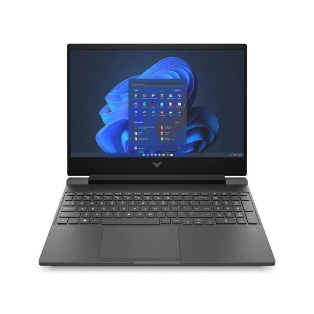 laptop hp victus gaming 15.6" full hd; intel core i5-13420h, 16gb ram, 512gb ssd; 15-fa1082wm Vista frontal centrada de la laptop HP Victus Gaming negra abierta, pantalla Full HD 15.6" con Windows en pantalla, teclado completo con teclado numérico y panel táctil centrado; chasis mate y bisagra baja visible. A menudo utilizada como equipo portátil para estudio y trabajo en escritorios compactos.
